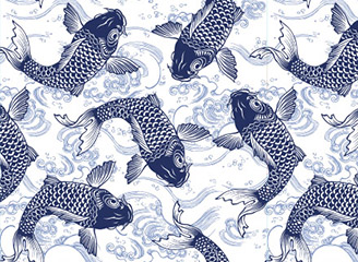 42款矢量中国风手绘锦鲤插画图案