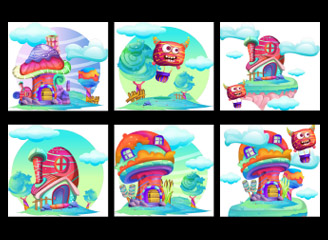 7款矢量手绘卡通蘑菇城堡插画