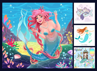 53款矢量手绘卡通童话小清新美人鱼插画