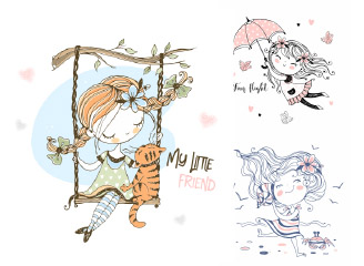 157款矢量创意彩色小清新卡通手绘可爱小女孩插画