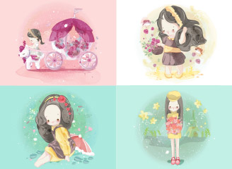 18款矢量小清新手绘水彩可爱小女孩插画