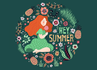 5款矢量手绘女孩植物花环插画