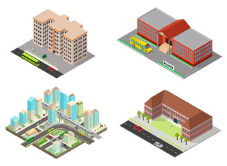 300款等距城市建筑房屋场景插画