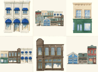 77款手绘水彩欧式建筑结构窗户门面插画