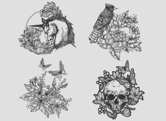 67款手绘鹰骷髅花草蛇杖线稿插画