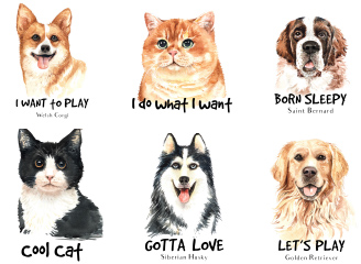 81款小清新手绘儿童可爱水彩猫动物狗免扣插画