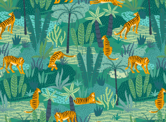 20款矢量手绘虎豹植物无缝花纹