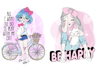 50款矢量时尚手绘卡通可爱女孩插画