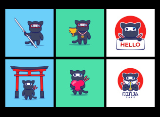 44款可爱卡通日本忍者猫形象吉祥物插画