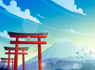 22款日本风景鸟居建筑场景扁平矢量图插画背景