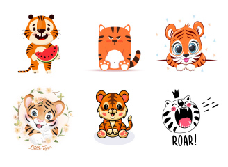 200款手绘可爱卡通小老虎插画儿童插图吉祥物