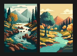 15款河流山地风景插画