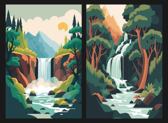 18款瀑布森林风景插画