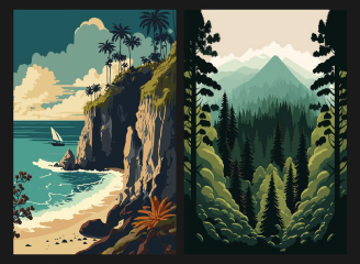 65款海边大海沙滩悬崖风景场景插画